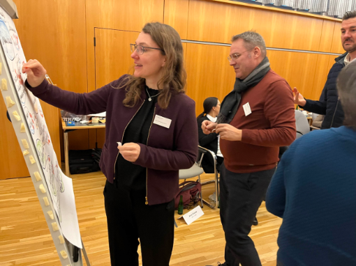 Dr. Svenja Jacobs, vdek Bremen, und Dr. Jörn Moock, Leiter des Gesundheitsamtes Bremen, erarbeiten im Strategieforum weitere Themen.